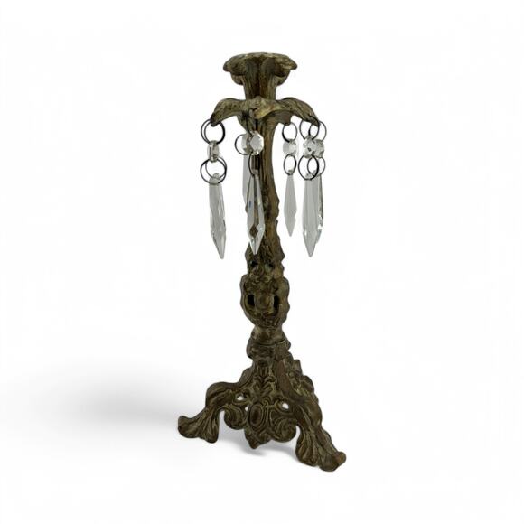 Antique French Gilt Brass & Crystal Prism Candle Holder – Rococo Style - Picture 2 of 16